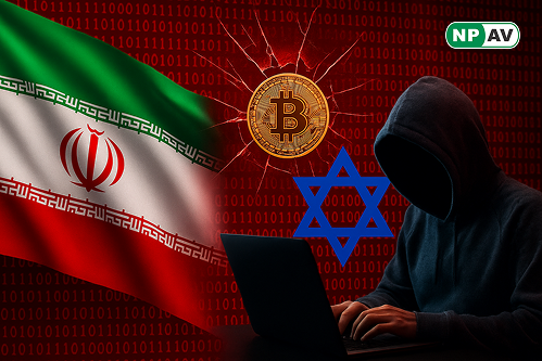 Israel and iran flag with hacker and crypto sign