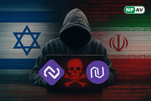 Israel and iran flag with hacker and danger sign