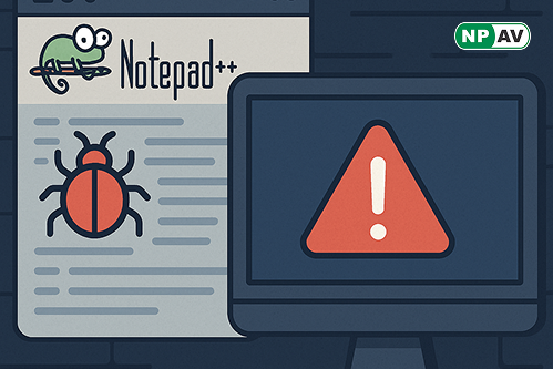 Notepad ++ with vulnerability sign and computer screen have alert mark