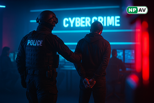Police officers conducting a cybercrime crackdown operation with seized mobile phones and documents related to online fraud cases across multiple states.