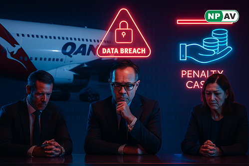 Qantas airplane with a cybersecurity warning symbol representing data breach and executive pay cuts