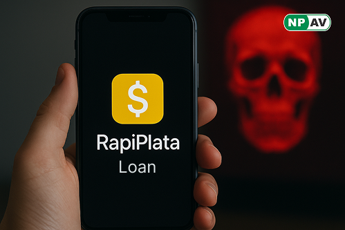RapiPlata Loan text on mobile behind skull in red light