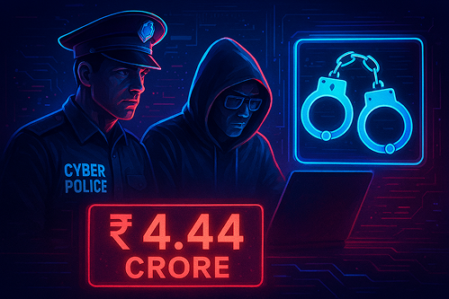 Jammu Cyber Police operation graphic: handcuffed suspects from Surat raid, ₹4.44 crore money transfer icons flowing to fraudsters, businessman under "digital arrest" phone call with fake cop badge, warning signs for scams, Indian flag overlay with 1930 he