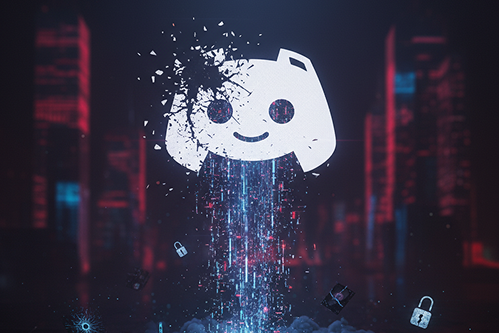 Infographic of Discord data breach: icons for exposed data (names, emails, photo IDs, support messages) flowing from third-party vendor to attacker; secure shields around unaffected elements like passwords; timeline of response with investigation, notific