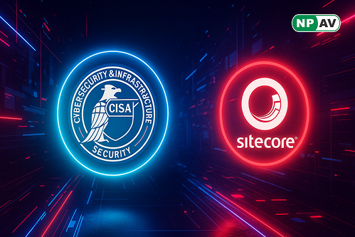 CISA and Sitecore logo with a red warning symbol indicating critical security vulnerability