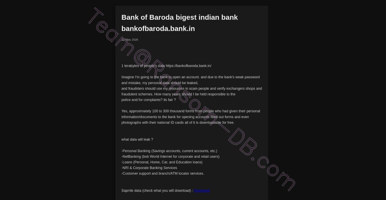 Alleged Bank of Baroda data breach exposes customer records, Aadhaar details, and banking information online