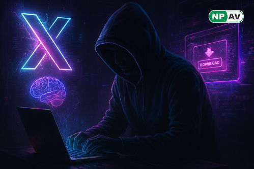 X with a warning symbol representing AI exploitation and malware spread