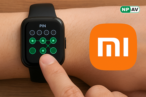 Xiaomi logo and smarthwatch wear on hand