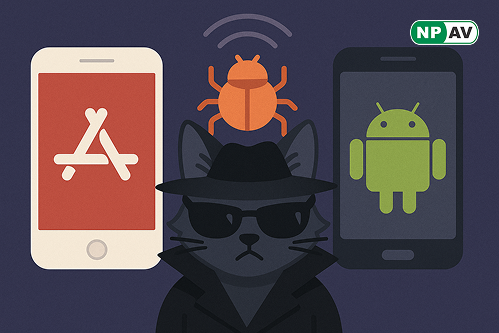 a cat with mobile screens behind one have apple another have android phone