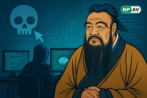 a confucious man sitting and behind him a hacker working on laptop and top on hacker a skull symbol