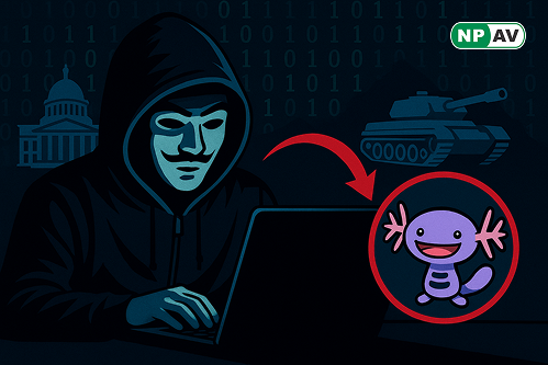 a hacker with laptop and each side have govt bulding and millitary wapon