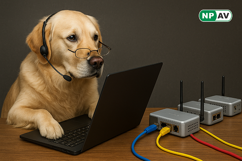 a lapdog hacker working on laptop