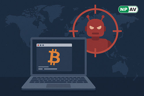 a laptop screen have bitcoin logo and behind scammer on target