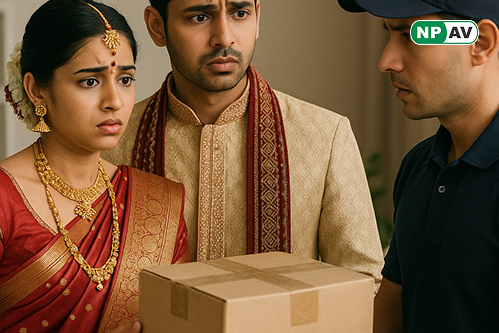 a newlywed couple recive courierfrom unknown