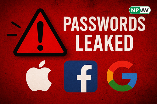 apple, facebook, and ggogle logo with danger sign and password leaked text