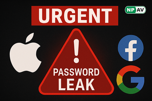 apple, facebook, and ggogle logo with danger sign and password leaked text