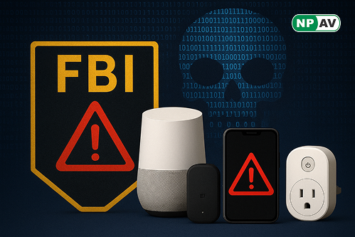 FBI seal next to smart gadgets infected by BADBOX 2.0 botnet, highlighting pre-installed malware risks in IoT devices.