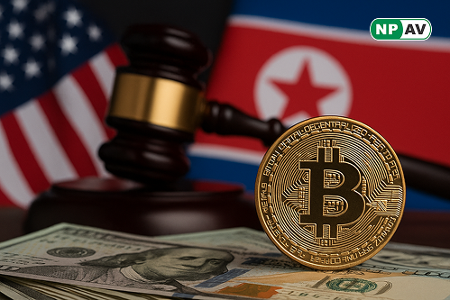 bitcoin with Kim Joun Un behind North Korea and U.S flag