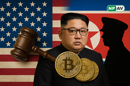 bitcoin with Kim Joun Un behind North Korea and U.S flag