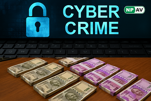 cyber crime text with indian currency notes and lock sign