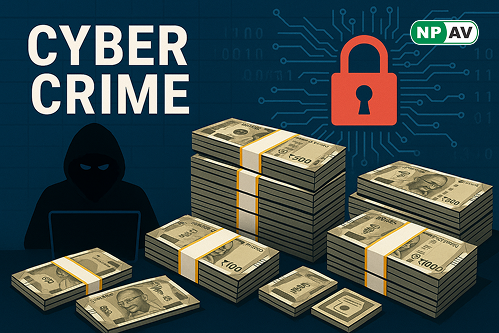 cyber crime text with indian currency notes and lock sign