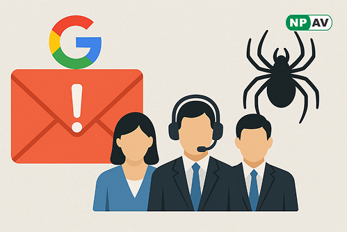 google and spider on different pc screen below IT support team on call and standing