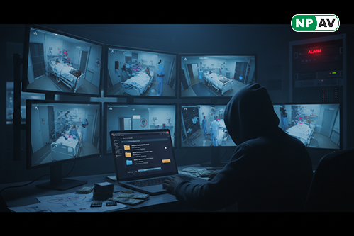 Privacy breach infographic: CCTV camera with hacked icon, arrows to sold pictures; protective shields for strong passwords and updates, with "Secure Your Cameras" warning banner over a hospital.