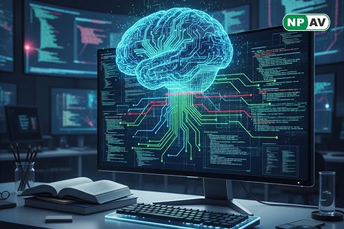 AI security infographic: Aardvark icon scanning code, arrows to detected vulnerabilities and patches; protective shields for automation, with "Secure Your Code" banner over a software repository.
