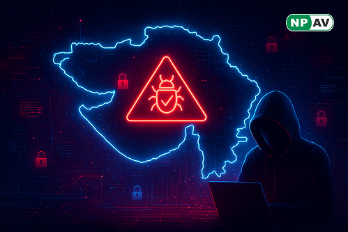 Gujarat cyber threat infographic: map of state with 38 lakh malware icons raining down on smartphones and PCs, arrows showing phishing/social media infection paths, protective shield elements for updates/antivirus/2FA, warning banner "Secure Devices Now" 