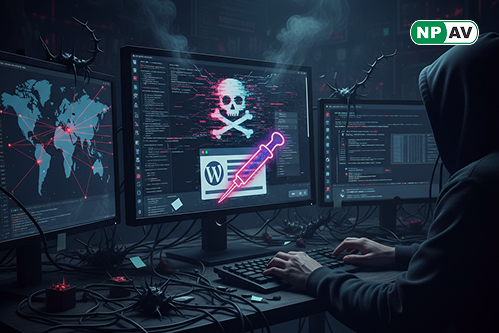 WordPress security breach illustration: hacker injecting PHP code into functions.php file icon, arrows showing JS fetch from brazilc[.]com to site head, pop-up/redirect symbols and hidden iframe mimicking Cloudflare, protective lock on theme folder with "
