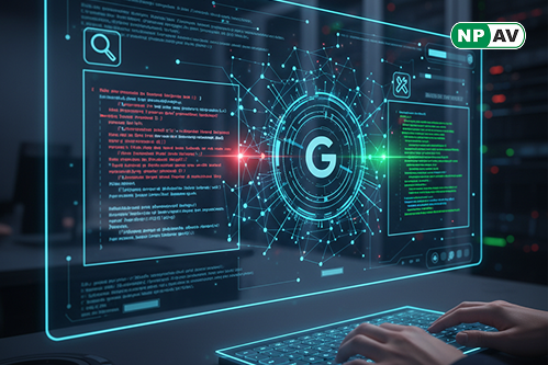 Futuristic AI interface graphic: CodeMender agent scanning code lines with red vulnerability highlights, green patches auto-applying via Gemini icons, arrows showing rewritten secure code flowing to OSS projects; background features Google DeepMind logo, 