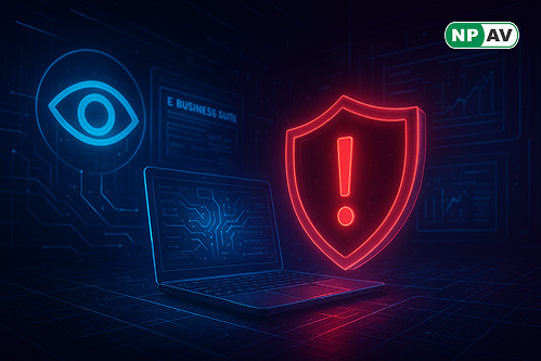 Alert graphic: Red warning icon over Oracle E-Business Suite logo, showing HTTP arrows breaching BI Publisher module into Concurrent Processing gears; ransomware lock overlay with encrypted data streams, mitigation shield with patch icons and BOD 22-01 ba