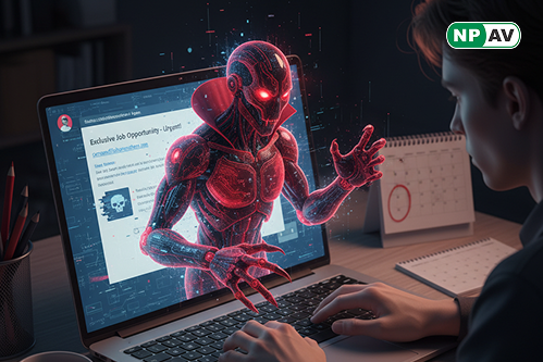 Warning illustration: Email inbox with fake job offer highlighted in red, ZIP file exploding into vampire bat icons capturing screenshots; background shows locked computer screen with data streams to hacker servers, shield icons for EDR tools and verifica