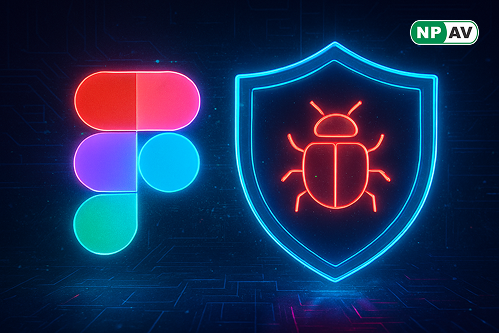 Security alert graphic: Cracked Figma logo with red lightning bolt striking MCP server code lines, injecting shell commands; background shows remote hacker silhouette executing code on a laptop, patch badge for v0.6.3, and warning icons for AI tools like 