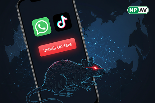 Android spyware alert graphic: cracked phone screen with ClayRat bat icon spreading from fake WhatsApp/TikTok apps, data streams (SMS, photos, contacts) flowing to hacker server; Russia map highlight, Zimperium shield blocking threats, and warning for 600