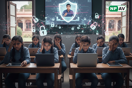 Infographic showing India's education sector cyberattack stats: 7,095 weekly incidents vs. global 2,002; icons for hybrid classrooms, RAT threats, limited budgets; expert quotes on prevention and AI monitoring for secure campuses.