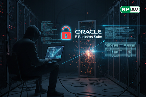 Security alert infographic: Cracked Oracle E-Business Suite icon with red HTTP arrow breaching Configurator module, data streams leaking sensitive files; timeline linking to CVE-2025-61882 Cl0p exploits, patch badge urging "Update Now" on enterprise netwo