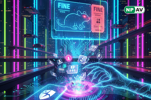 Cyber scam warning graphic: WhatsApp message with fake traffic ticket link exploding into RAT icons (camera eye, SMS bubble, bank drain); phone screen showing mParivahan clone with red alert overlay, protective shields for app store and 1930 helpline, "Do