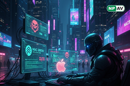 Cyber threat infographic: Cloned Homebrew website icon with red malware code injecting into macOS laptop, arrows to C2 server and Odyssey Stealer payloads, protective shield for endpoint monitoring, and warning "Verify Your Downloads" banner over digital
