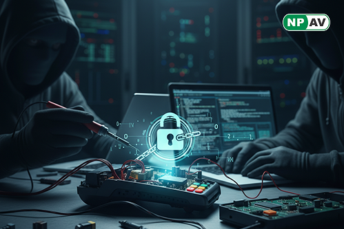 Security alert graphic: Yomani XR terminal with red debug port arrow leading to hacker accessing root shell, malware icons infiltrating system; protective shield for firmware updates and network segmentation, warning "Audit Your Devices Now" over retail e