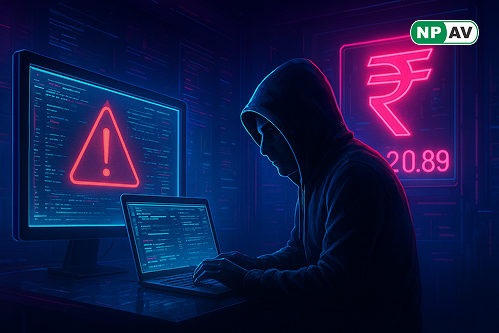Cyber fraud alert graphic: Skype call with fake NCB badge stealing OTPs from phone, money flow to hacker accounts; handcuffed suspects and police symbols, 2FA shield and 1930 helpline icon, warning "Don't Share OTPs" banner over cityscape.