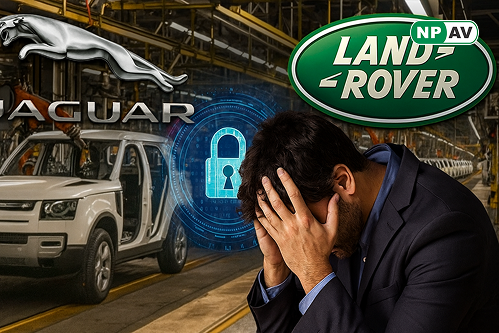 Infographic depicting Jaguar Land Rover cyberattack impact: Tata Motors stock chart dropping to ₹655.30, halted production icons until Oct 1, loss figures (₹21,000 crore total, ₹560 crore weekly), 33,000 idle employees, and expert warnings on digital auto