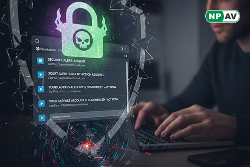 Phishing alert graphic: Email icon with "LastPass Hack" ZIP exploding into malware code, arrows to keylogger and data theft; protective shields for MFA and antivirus, with "Verify Before Clicking" warning banner.