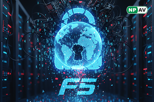 Security breach infographic: F5 icon with red arrows showing 269,000 exposed devices, hacker figures infiltrating networks; protective shields for patches and SIEM, with "Secure Your Systems" warning banner over a global map.