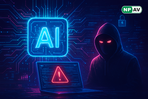 Cyber threat infographic: AI brain icon generating malware and phishing arrows, with ransomware locks and identity theft symbols; protective shields for MFA and updates, warning "Defend Against AI Hacks" banner over a global network.