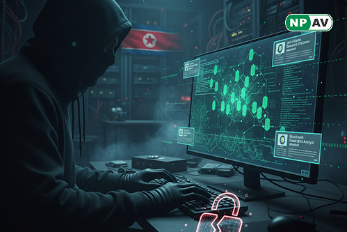 Cyber threat infographic: Blockchain icon with hidden malware code in job listing graphics, arrows to stolen data streams; protective shields for antivirus and policies, with "Verify Your Jobs" warning banner over a digital network.