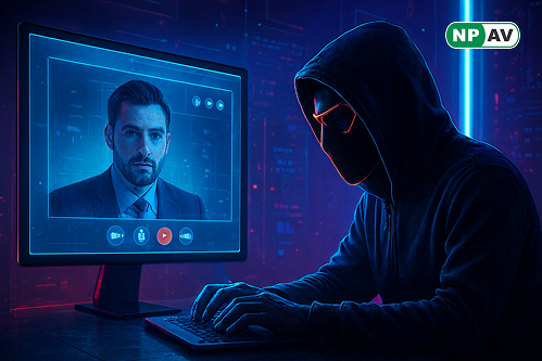 Cyber threat infographic: Fake job interview page with malware download arrows to OtterCandy icons (RAT, stealer); protective shields for monitoring and whitelisting, with "Avoid Suspicious Downloads" warning banner over a digital network.