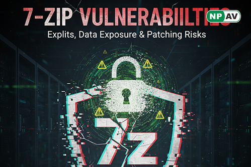 Security alert infographic: 7-Zip icon with red symlink arrows leading to code execution icons, malicious ZIP exploding into files; protective shields for updates and antivirus, with "Update Your Software" warning banner over a file extraction interface.