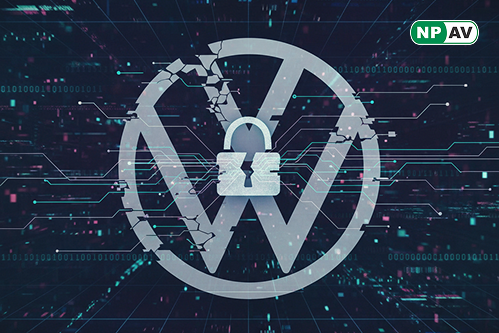 Cyber breach alert graphic: Volkswagen logo with ransomware lock icons, data leak arrows to stolen files (invoices, contracts); protective shields for supply chain monitoring, with "Secure Your Partners" warning banner over a global network.