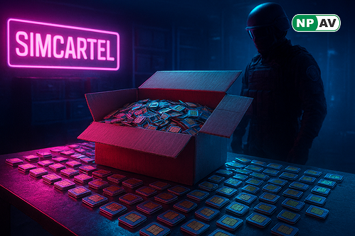 Cybercrime bust infographic: SIM card stacks with handcuffs, fraud icons (phishing, scams); Europol shields and seized assets, with "Verify Your Contacts" warning banner over a global map.